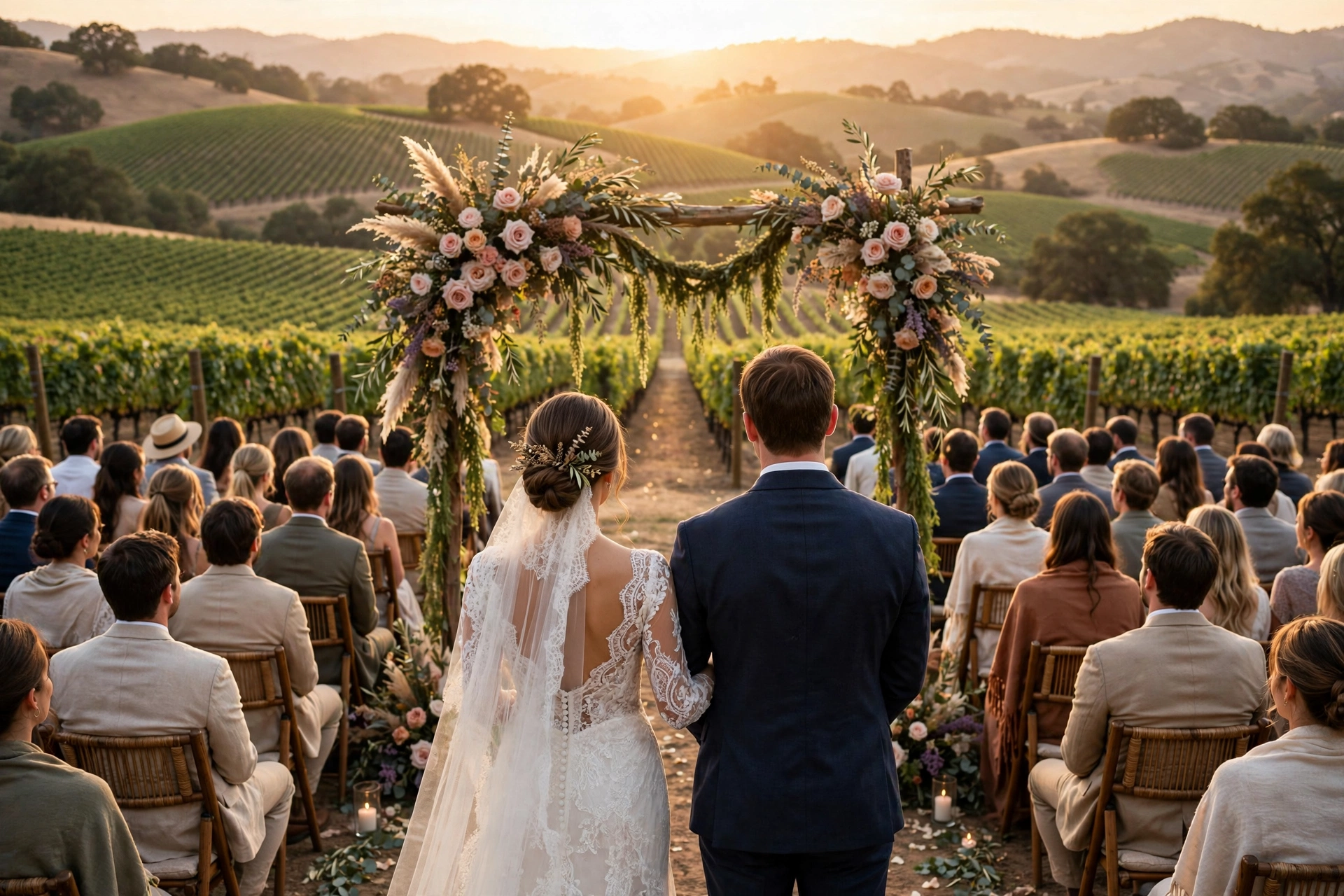 Wine country ceremony setting overlooking vineyard rows