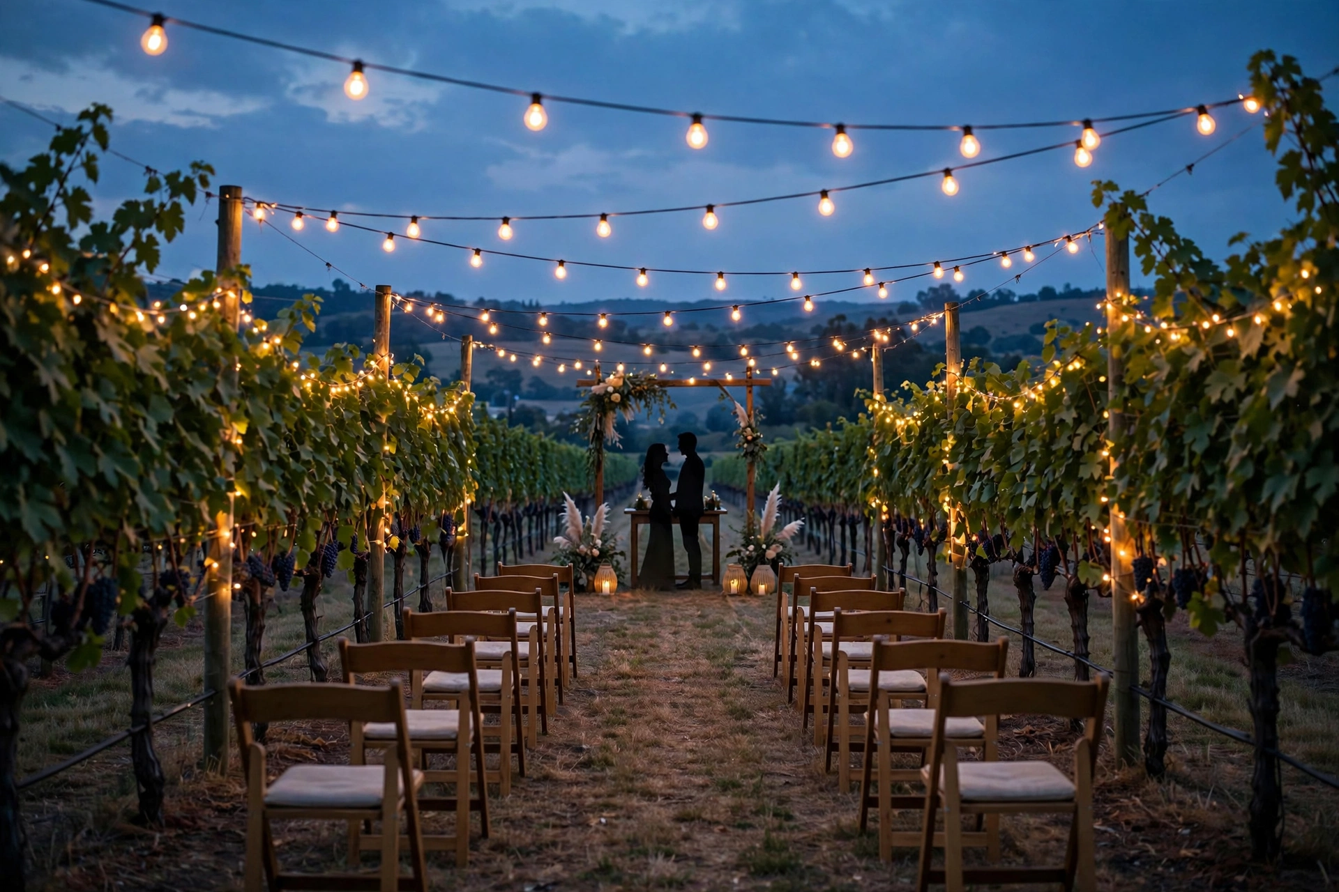 Vineyard ceremony aisle illuminated by string lights at dusk