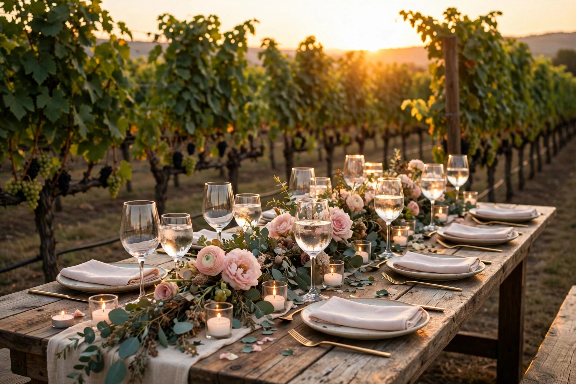 Candlelit wedding table set among vineyard rows at sunset